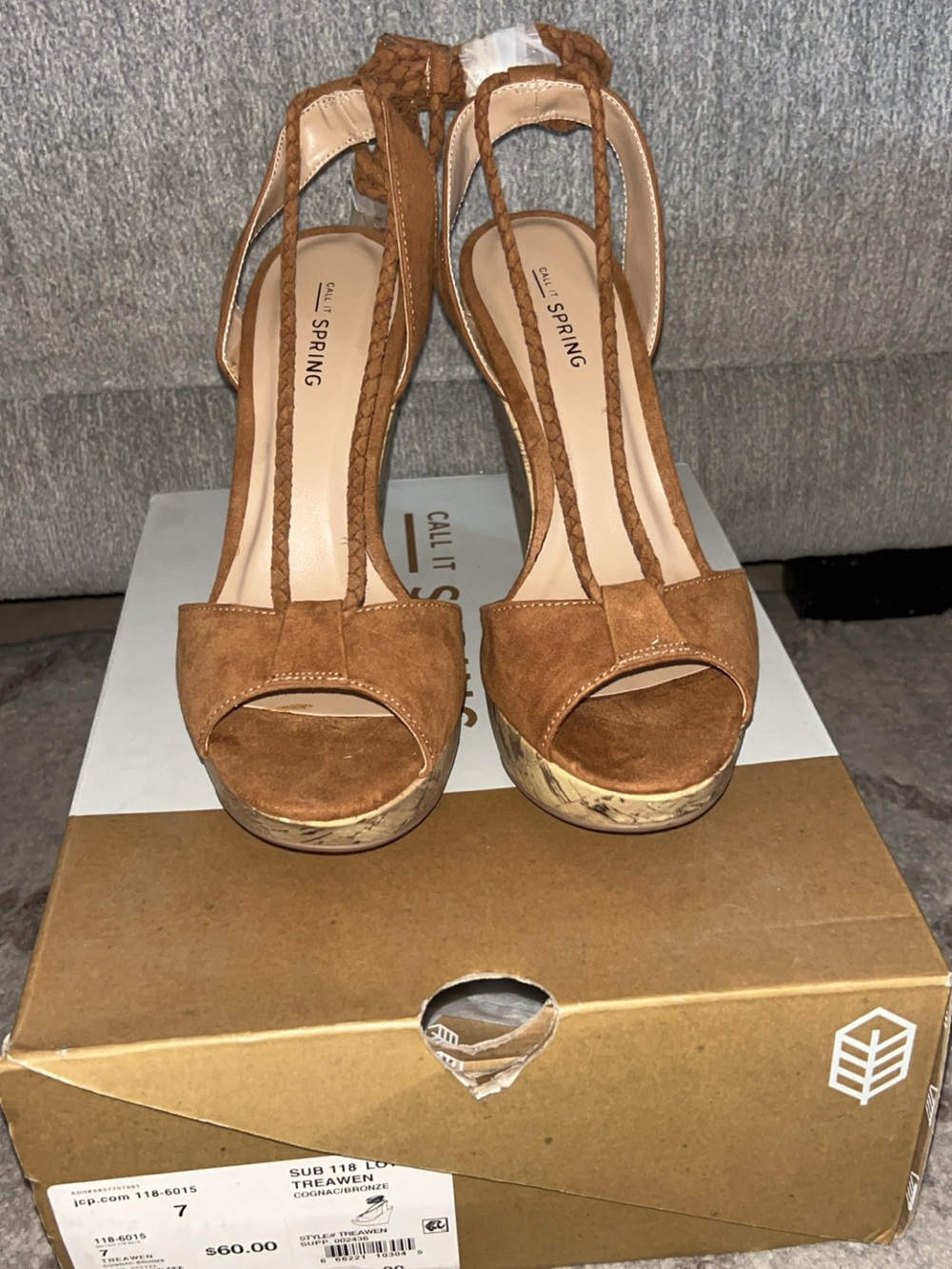 Call It Spring Brown Suede Braided Ankle Platform Sandals